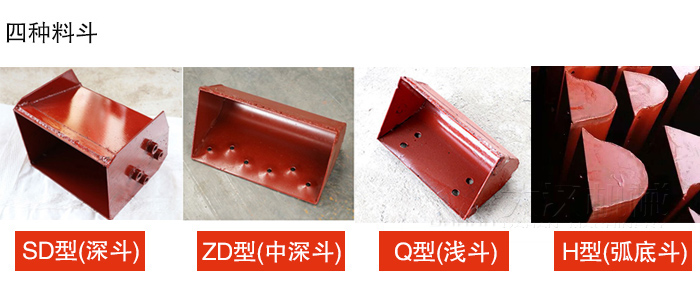 四种料斗Q型(浅斗)、H型(弧底斗)、ZD型(中深斗)SD型(深斗)展示图