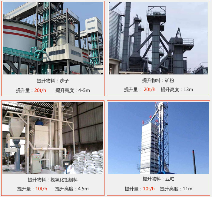 斗式提升机用户使用现场图片：提升沙子提升量：20t/h提升高度：4-5m提升物料：矿粉提升量：20t/h提升高度：13m提升物料：氢氧化铝粉料 提升量：10t/h提升高度：4-5m提升物料：豆粕提升量：10t/h提升高度：11m